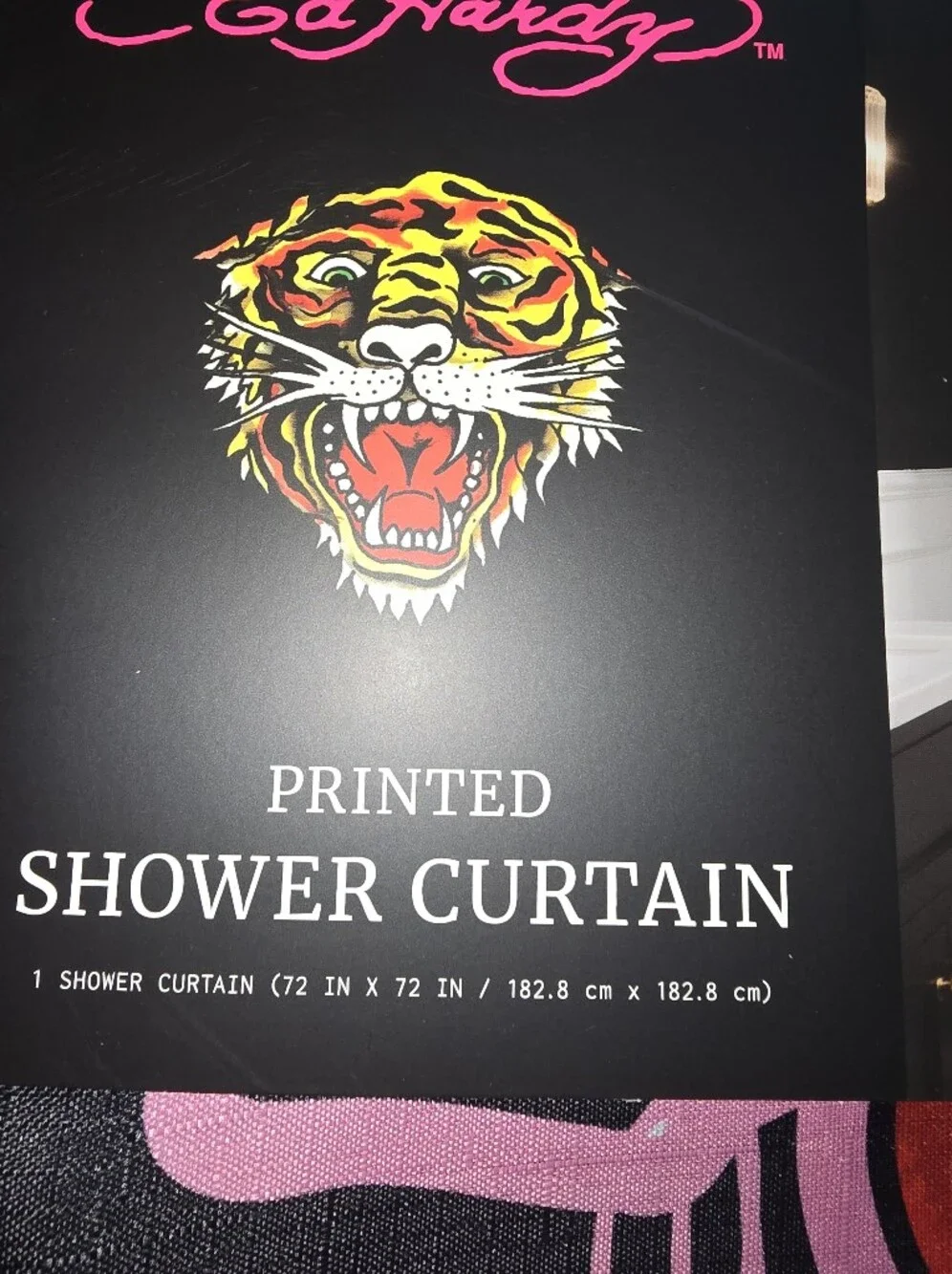 Ed Hardy Black Shower Curtain with Pink, Red and Green Tiger 🐯 Graphic, NWT!